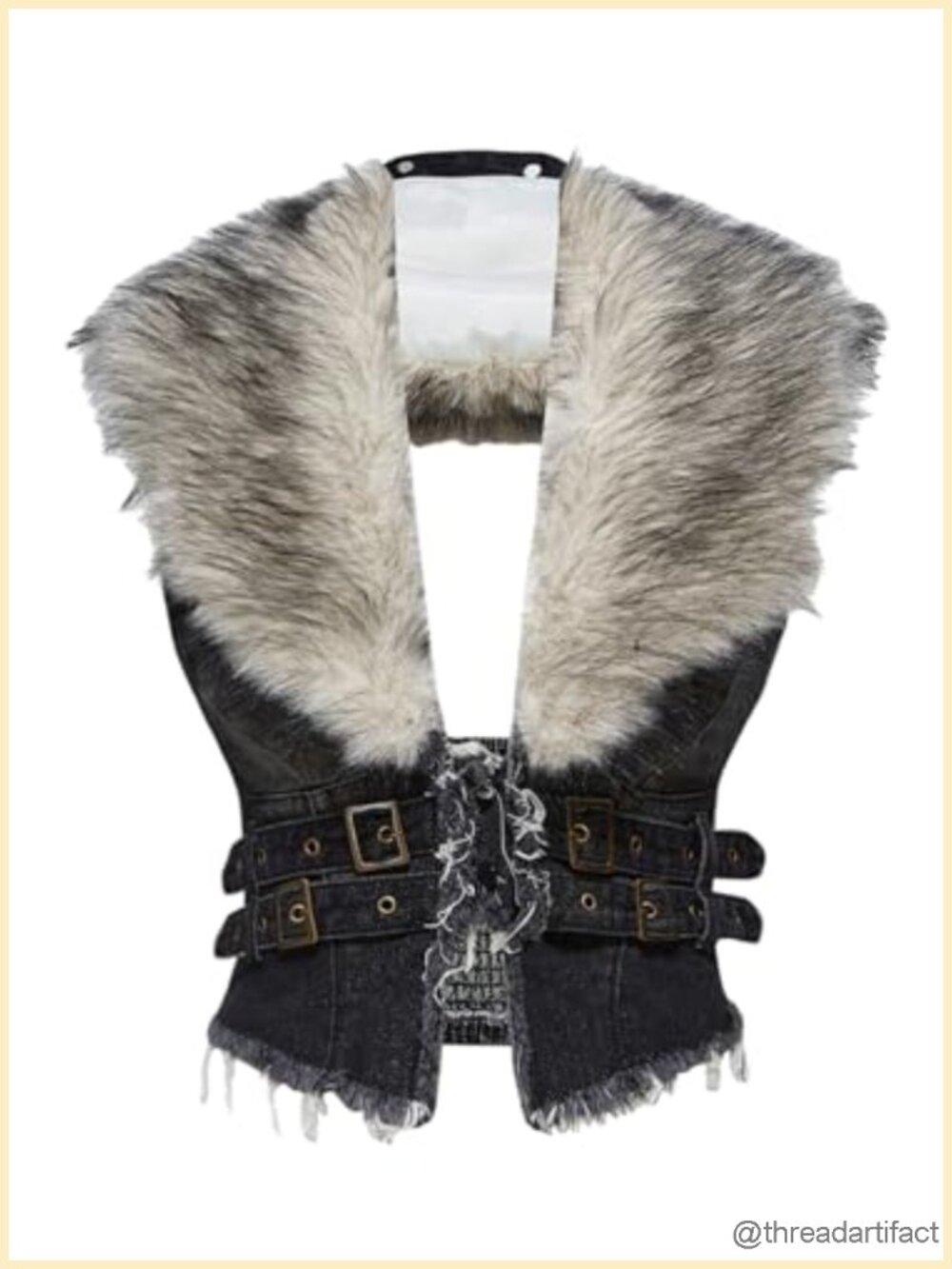 Faux Fur Collar Denim Vest Sleeveless Raw Trim Crop Jacket Grunge Punk